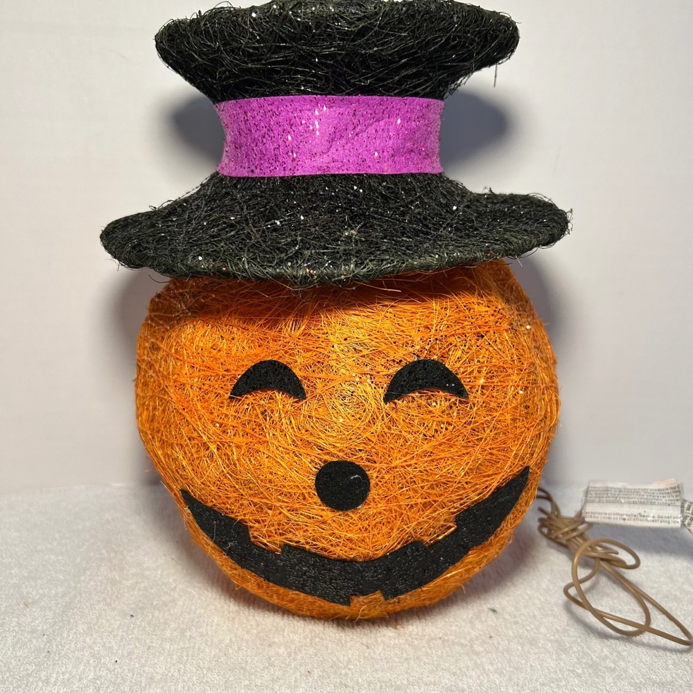 Halloween Lighted Sisal Pumpkin Jack-O-Lantern with Top Hat Decor 10.5in